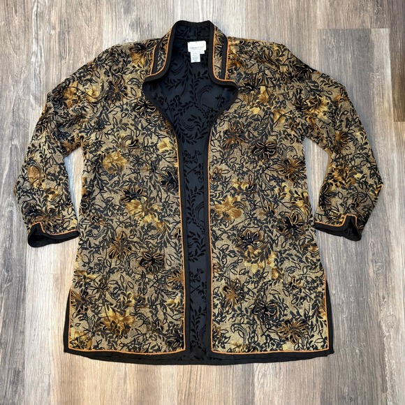 Coldwater Creek Sweaters - Coldwater Creek Women L Embroidered Floral Reversible Kimono Jacket Gold Black